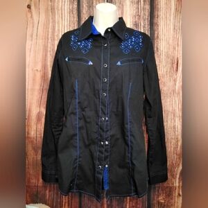 Rock 47 By Wrangler Black and Blue Embroidered Rodeo Shirt! Size Medium